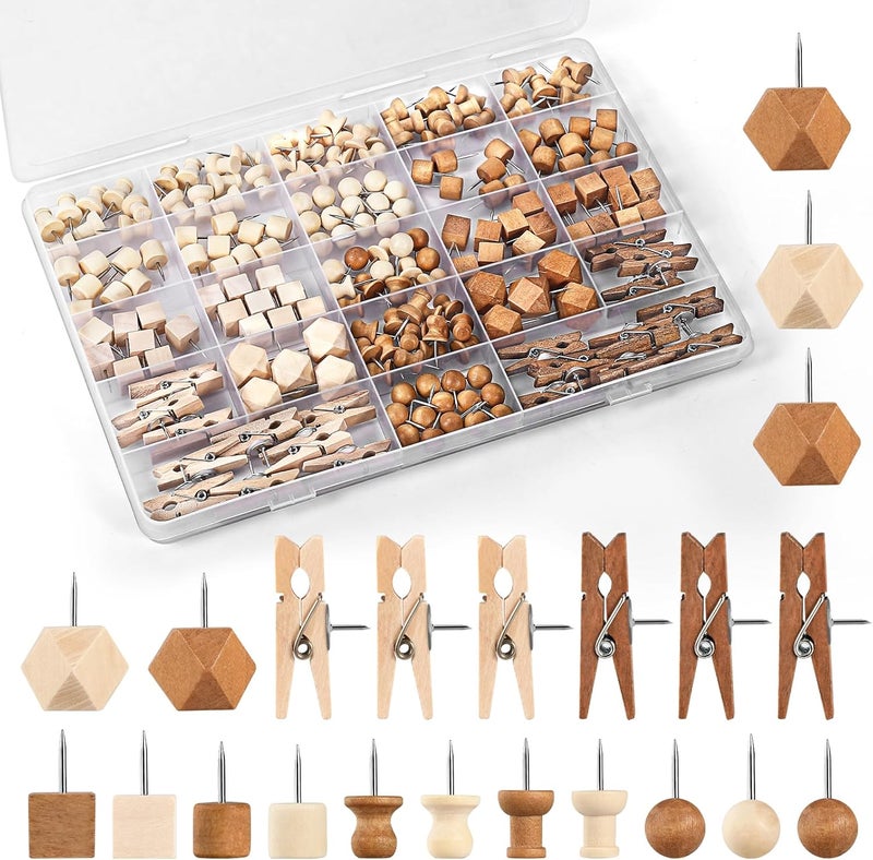 GOOLADA 200Pcs Wood Push Pins 7 Types and 2 Colors Wood Tacks Cute Push Pin Thumb Tacks for Decorative Wooden Push Pins for Cork Board Cute Pushpins for Bulletin Board Prayer Board Supplies for Women - Image 1